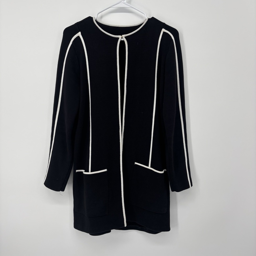 Calvin Klein‎ Black White Trim Long Cardigan Pockets Blazer Quiet Luxury *READ!